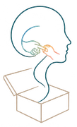 Illustrazione a tratto pastello di una testa di profilo e un cuore che emergono da una scatola aperta.
