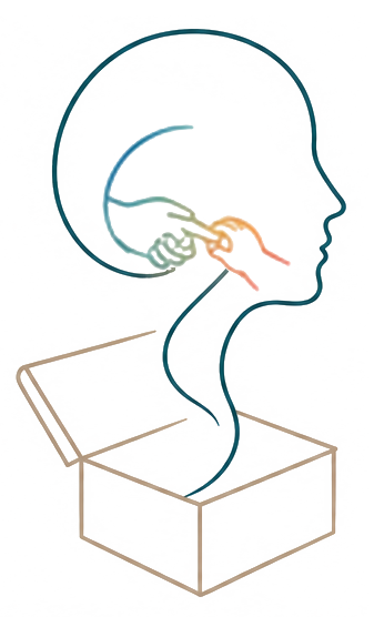 Illustrazione a tratto pastello di una testa di profilo e un cuore che emergono da una scatola aperta.