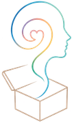 Disegno astratto a tratto pastello di un profilo umano che emerge da una scatola aperta, con una spirale a forma di cuore all'interno della testa.
