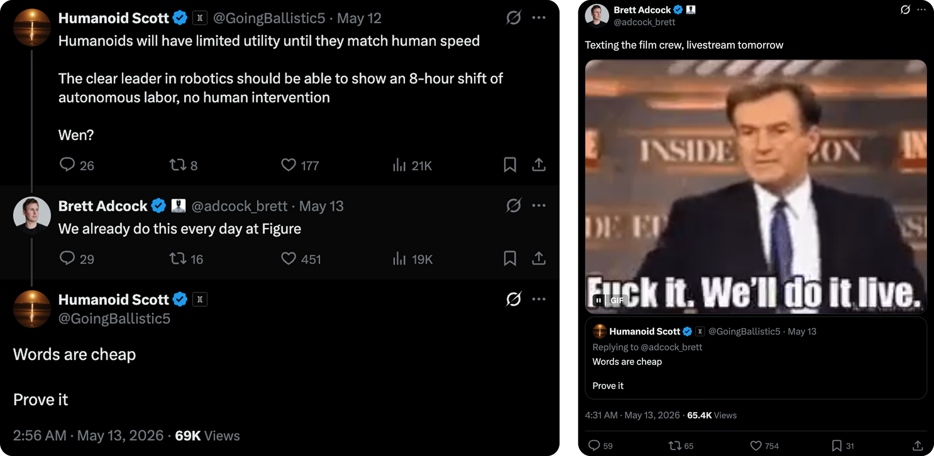 Side-by-side Twitter screenshots: a tweet thread on the left and a TV screenshot with bold caption on the right.
