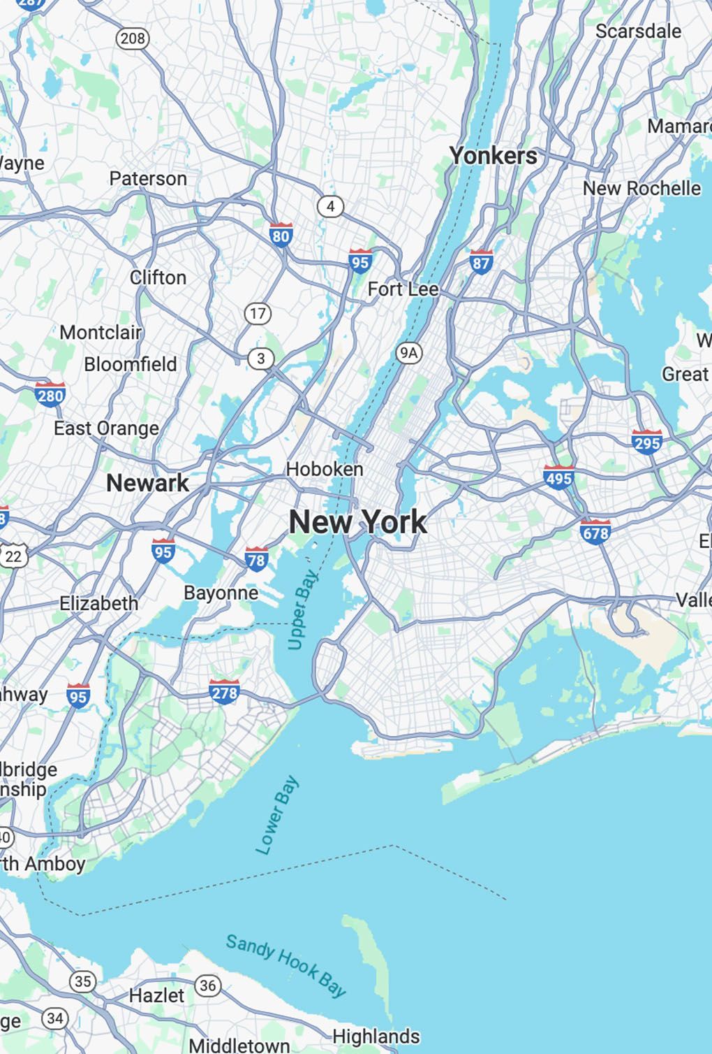 Map of the New York City area, showing the boroughs and surrounding cities like Newark and Yonkers.