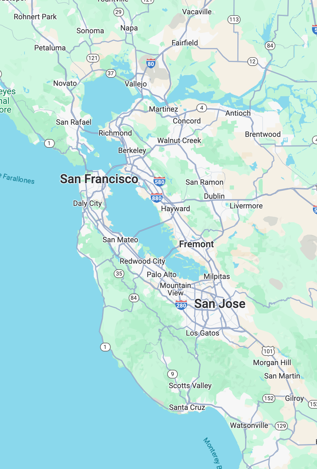 Map of the San Francisco Bay Area in California, showing cities and highways.