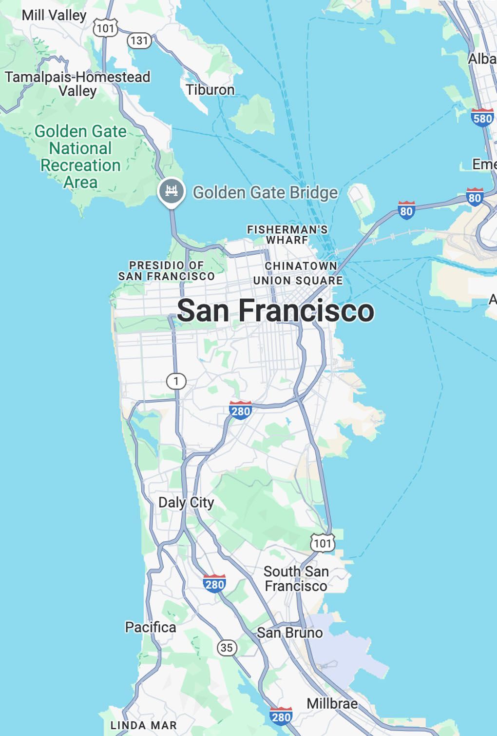 Map of San Francisco, showing the Golden Gate Bridge and surrounding areas.