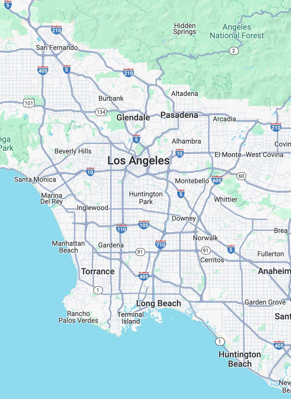 Map of Los Angeles County, California, showing cities, freeways, and the Pacific Ocean.