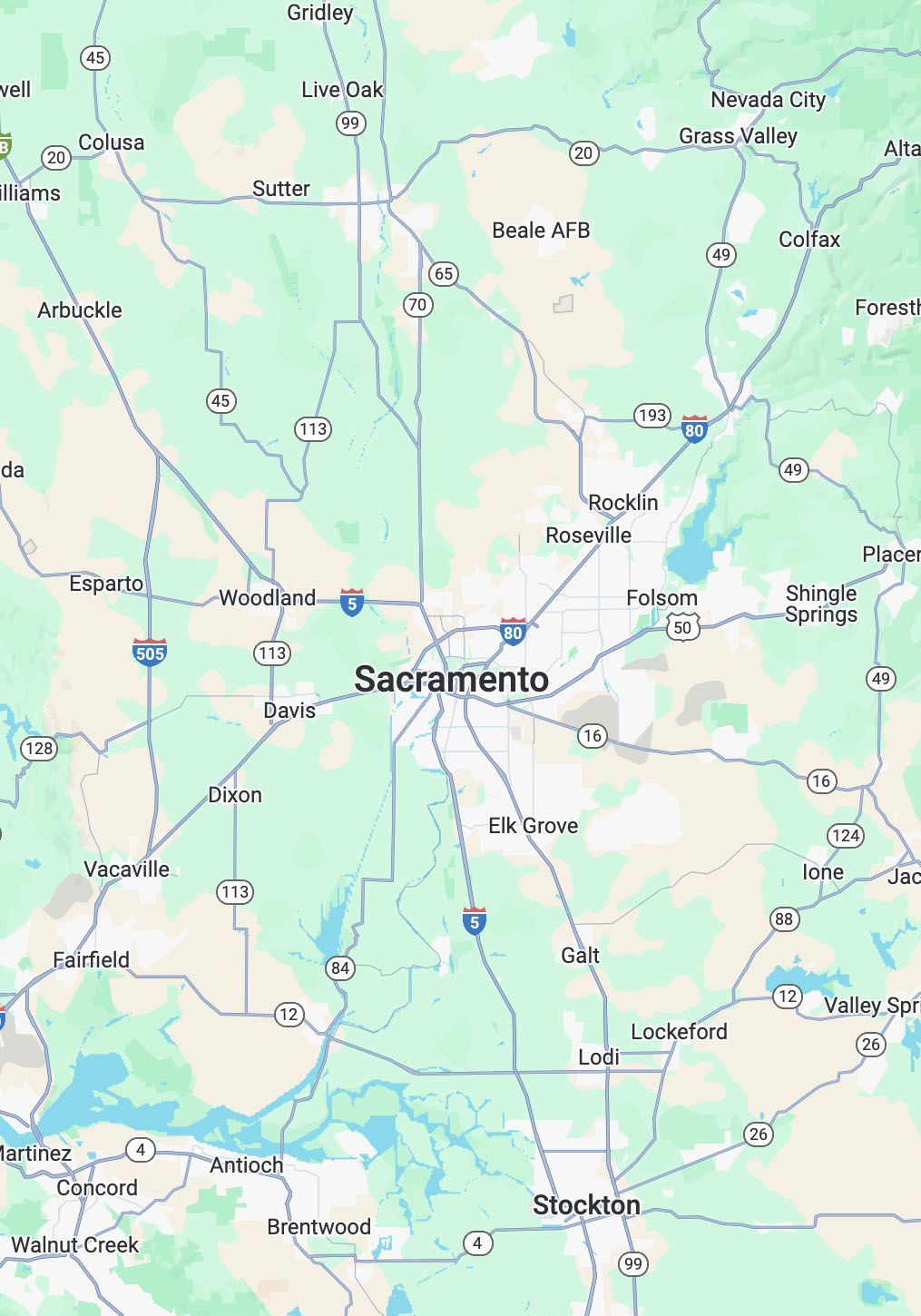 Map of Sacramento, California and surrounding areas, showing highways and nearby cities.