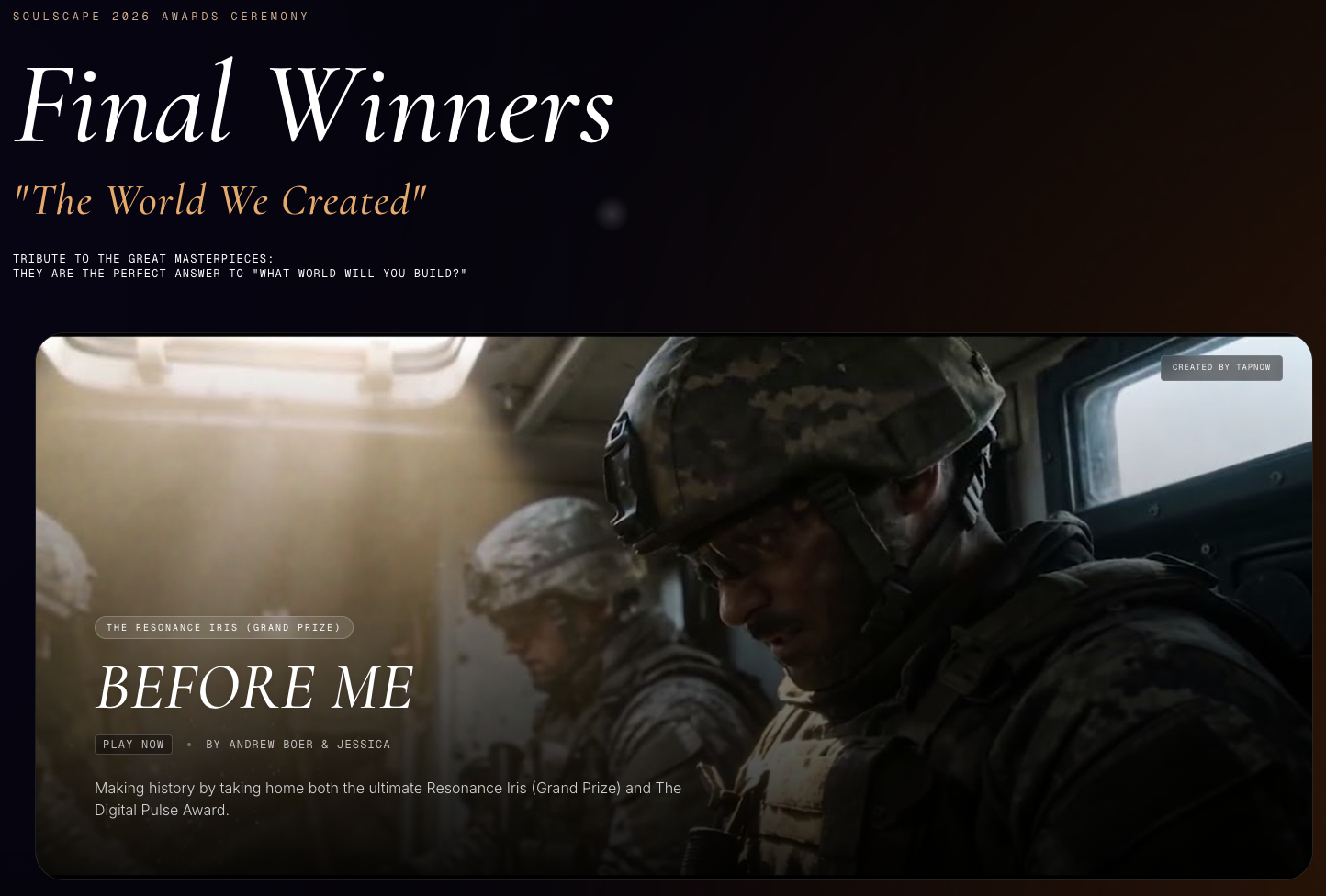Soldiers in a military vehicle under the title “Final Winners” with the subtitle “The World We Created”