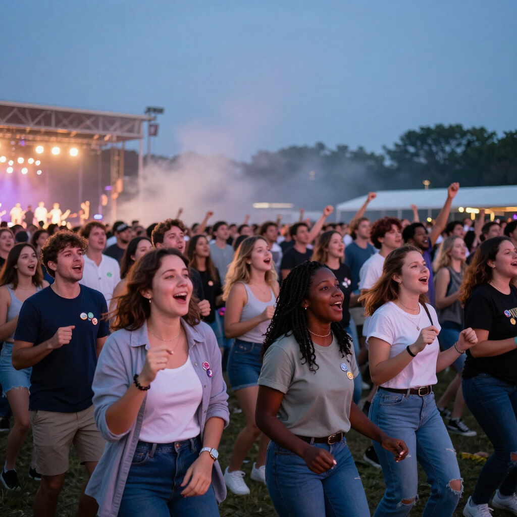 Een dansend publiek bij een openluchtconcert in de schemering, met podiumverlichting en rook op de achtergrond.