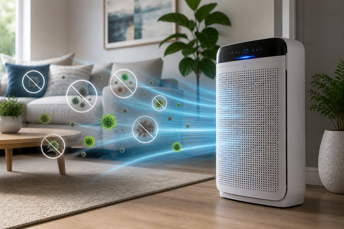 Learn more about Indoor Air Quality Air purifier in a living room filtering airborne particles with blue airflow visualization