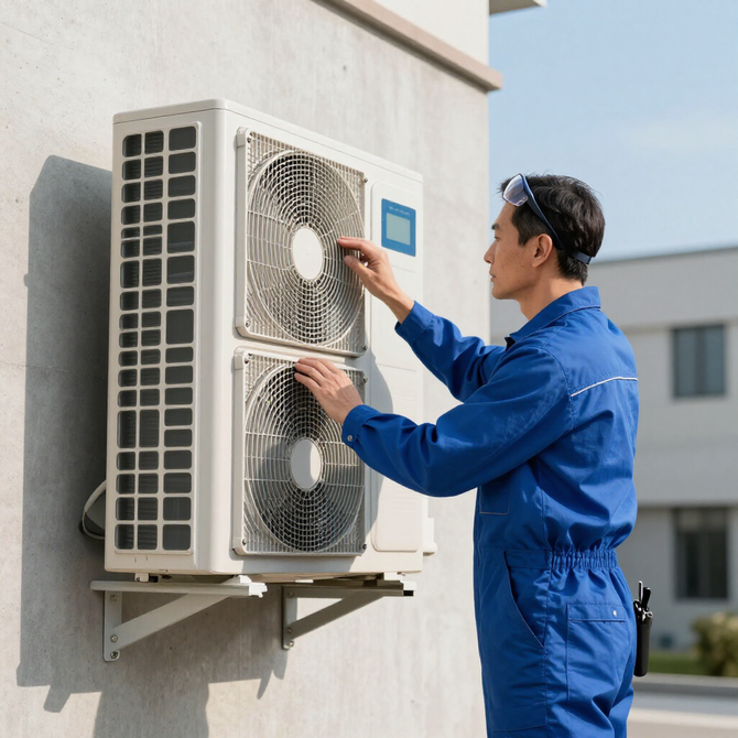 Learn more about our A/C Services HVAC technician in blue coveralls inspecting an outdoor air conditioner unit on a building.