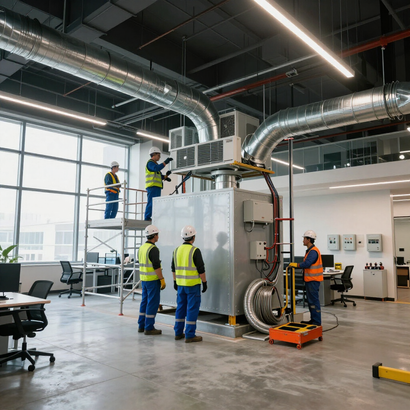 More About Us Workers inspect industrial HVAC equipment in a bright factory, with ladders, ducts, and tools.
