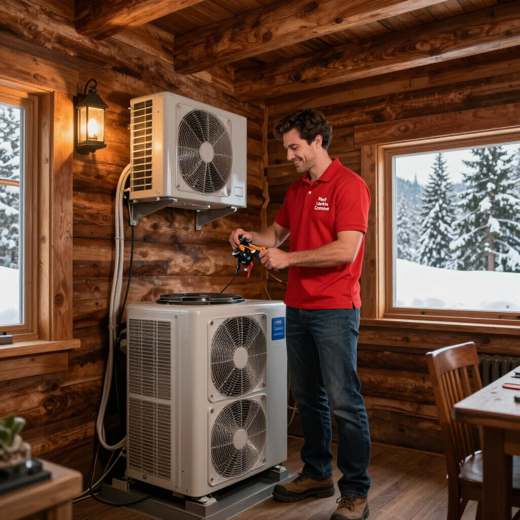 Technician servicing a wall-mounted and floor HVAC unit inside a rustic cabin with snowy windows