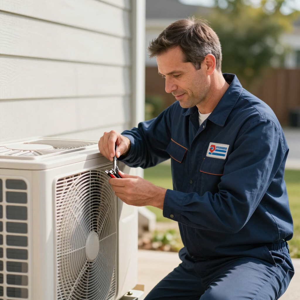 Technician in navy uniform repairing an outdoor air conditioner unit beside a house