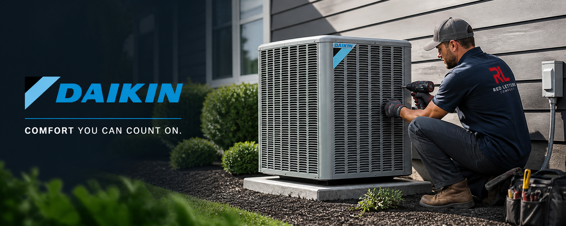 Learn More About Diakin Daikin HVAC technician inspecting outdoor unit beside Daikin logo and slogan