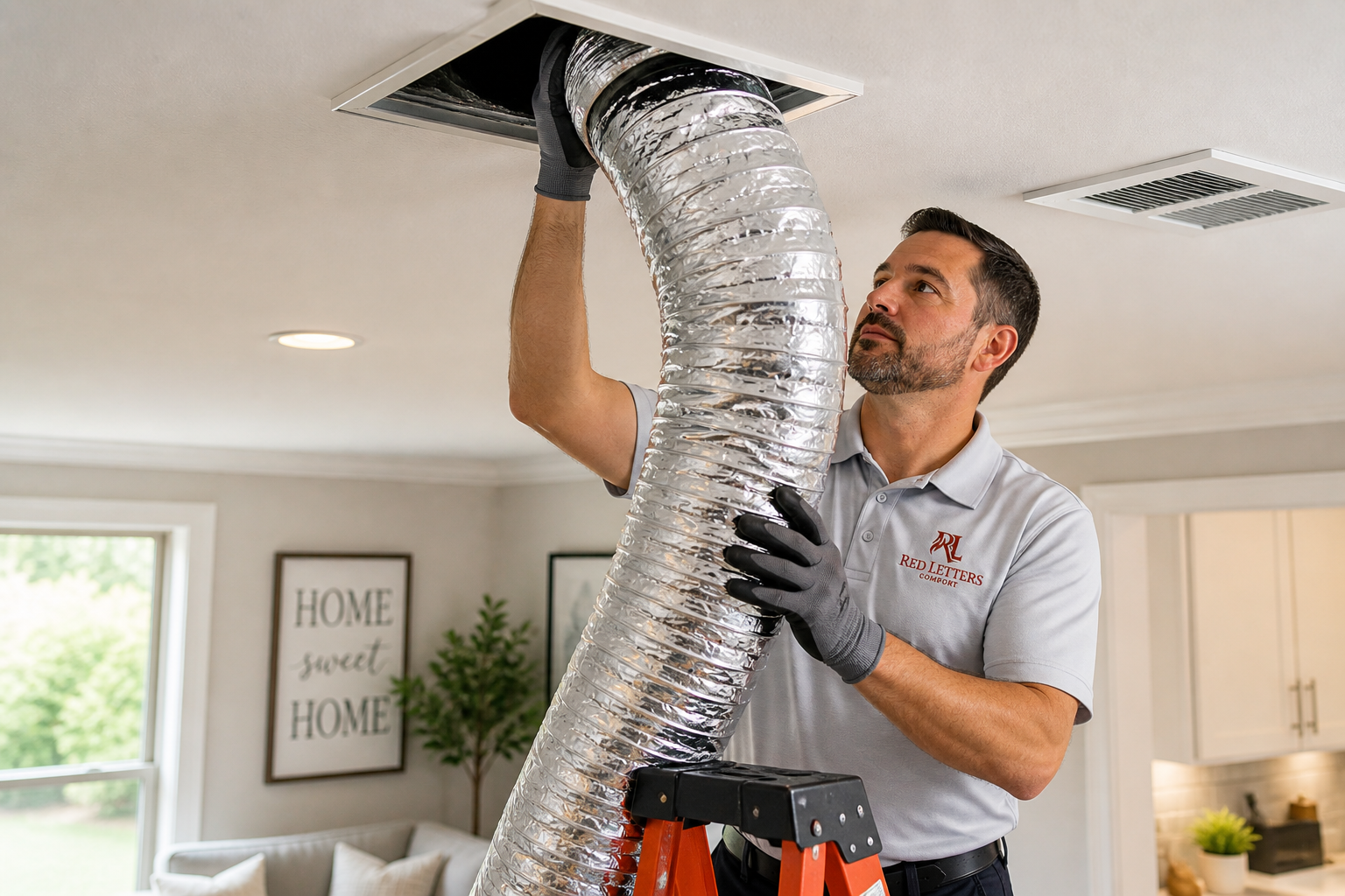 Technician cleaning a home's ceiling air vent with a flexible silver duct and ladder nearby