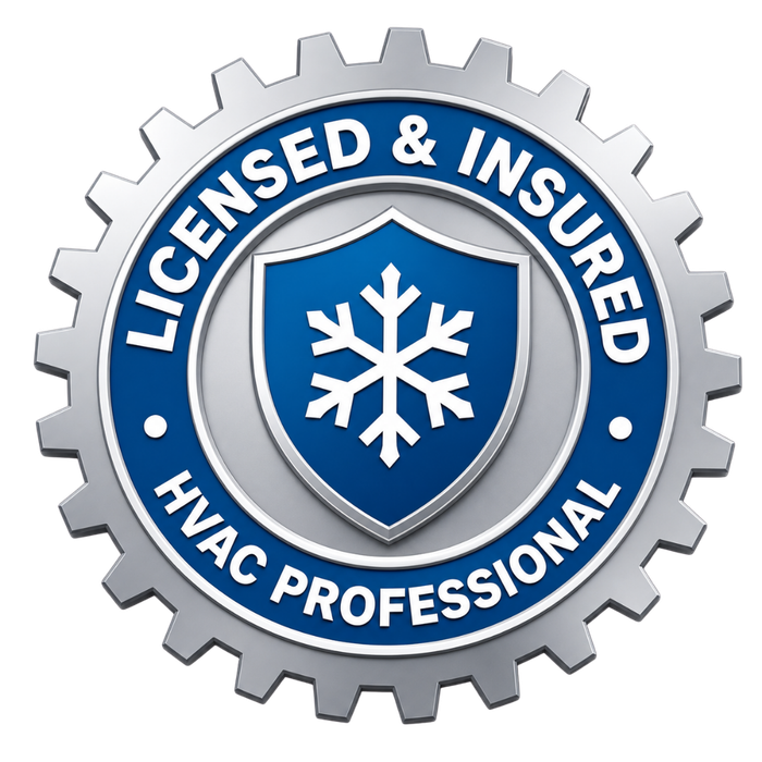 Blue and silver HVAC licensed and insured badge with snowflake icon