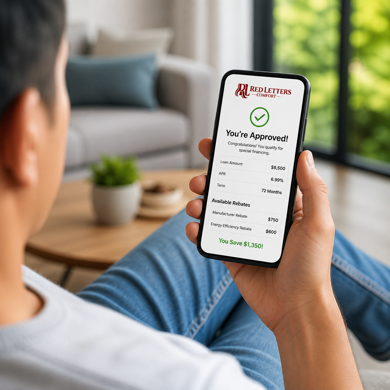 A man is using Red Letter Comforts financing solutions, getting approved from his mobile device while sitting on this couch.