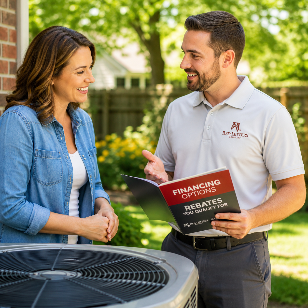 Two people talk beside an outdoor HVAC unit while one holds a financing guide booklet.