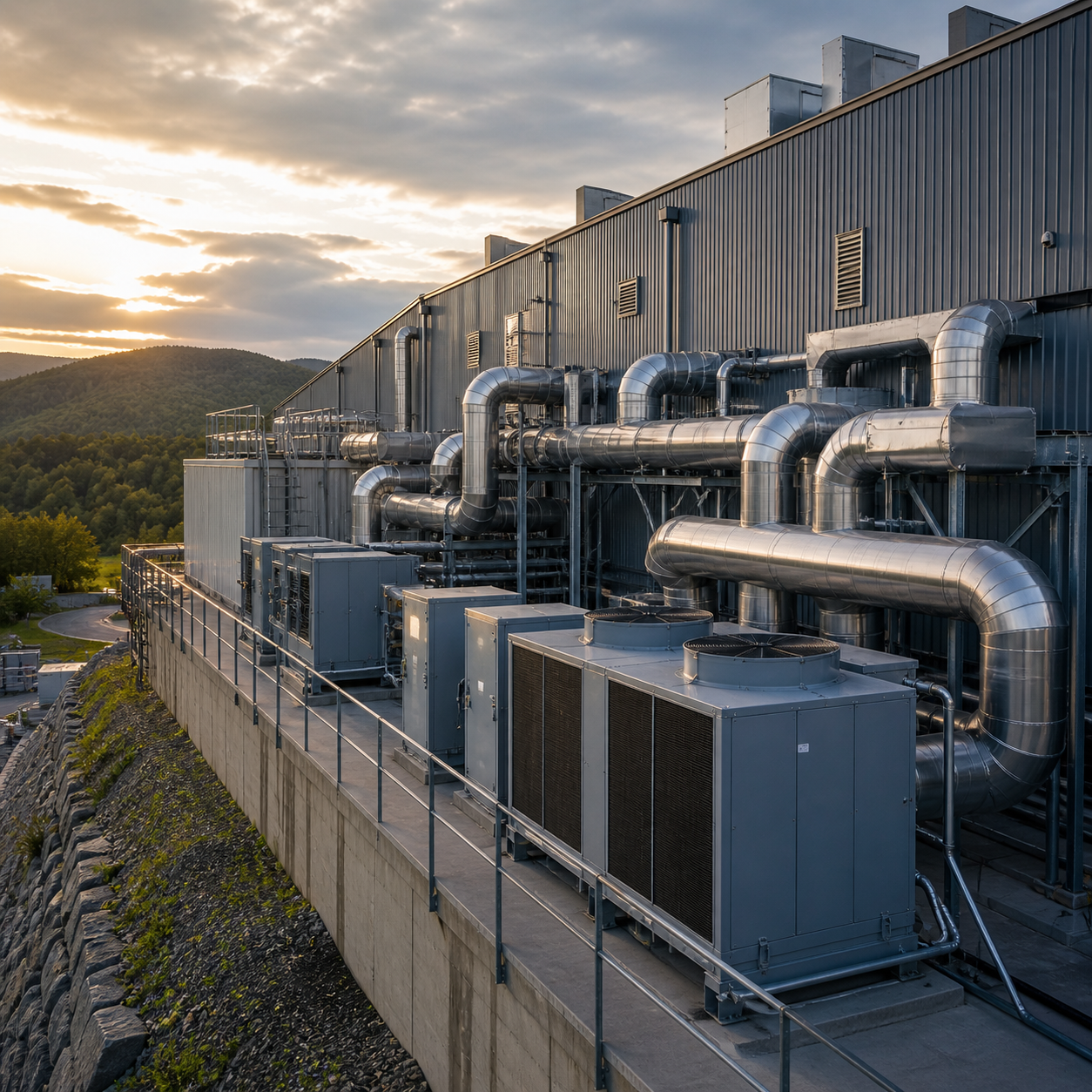 Industrial HVAC units and silver ductwork on a rooftop at sunset
