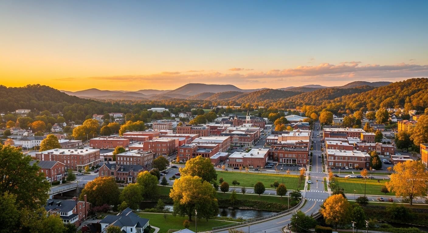 Sunset over Jefferson City, TN with red-roofed buildings, trees, and distant hills