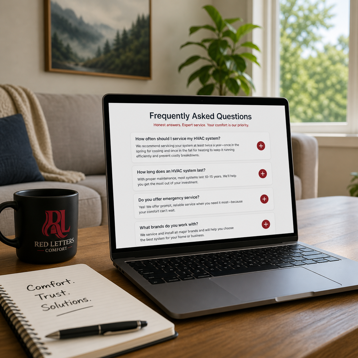 a picture of a laptop showing the FAQ page of Red Letters Comfort Website.