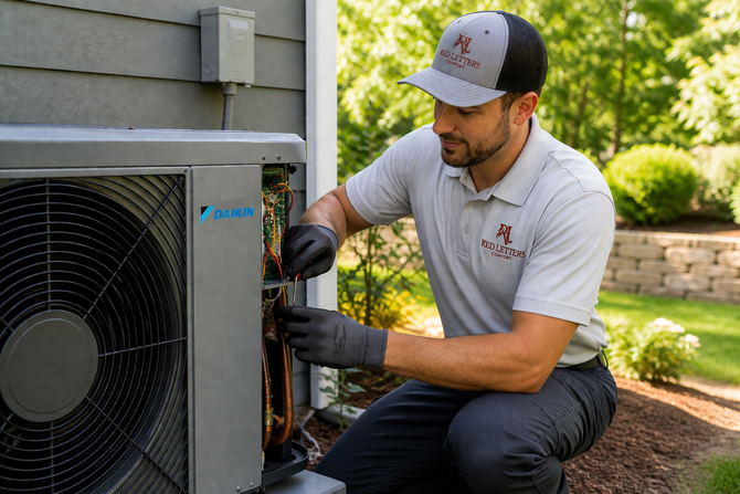 Learn more about our Heat Pump Services Technician repairing an outdoor air conditioner unit beside a house