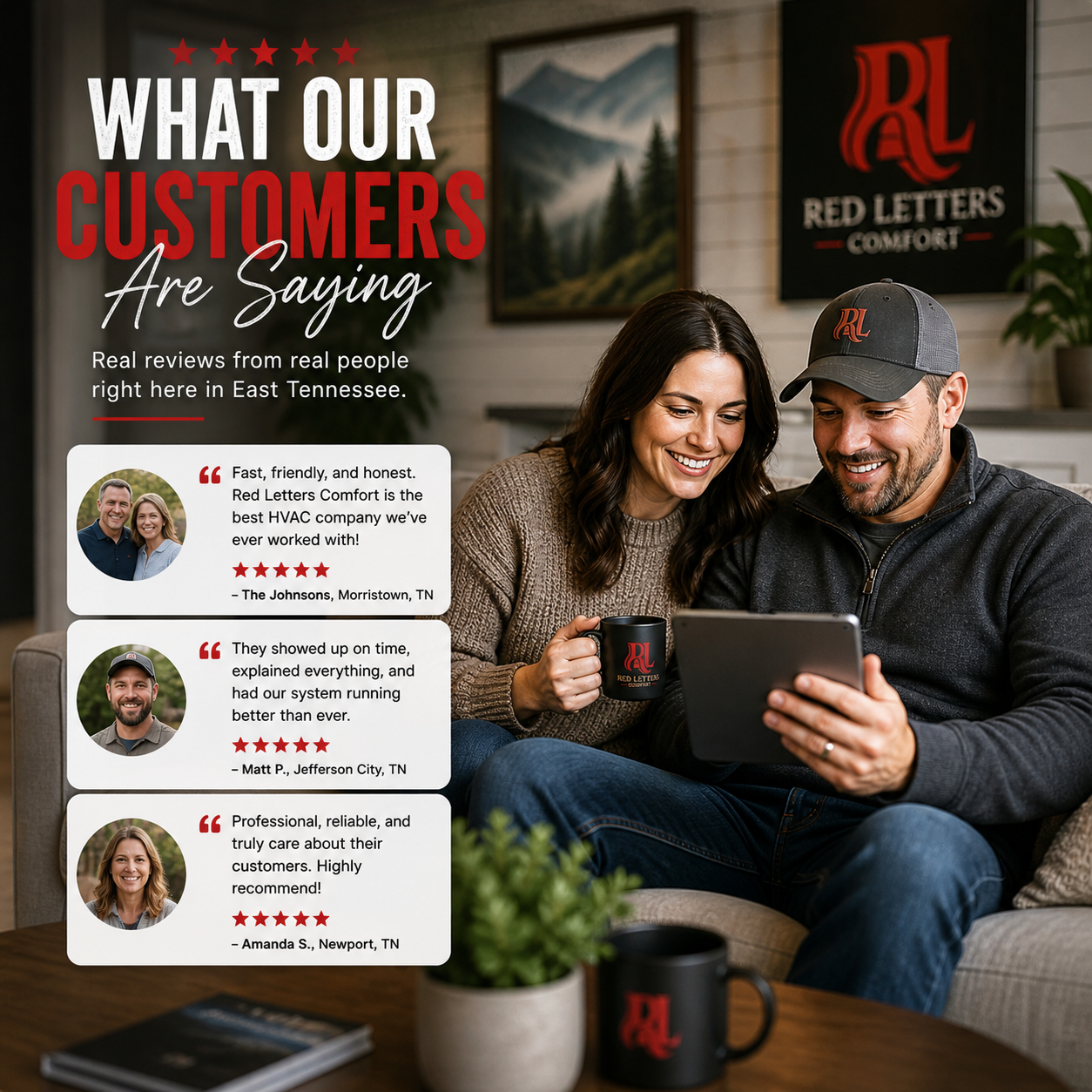 Clients looking at reviews for Red Letters Comforts while sitting on a couch.