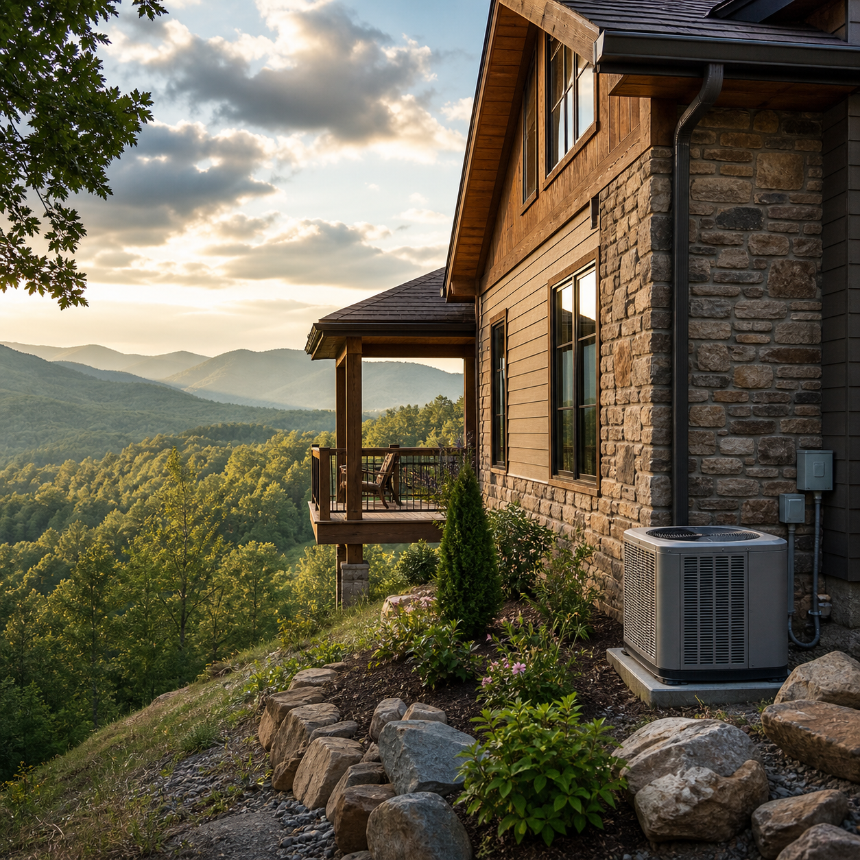 Stone cabin on a mountain hillside overlooking a lush forest valley at sunset
