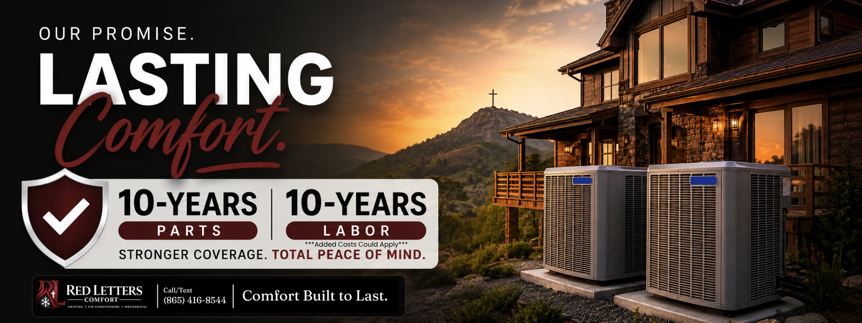 Contact Us Ad for HVAC service with “Lasting Comfort,” 10-year parts and labor warranty, and outdoor AC units at sunset