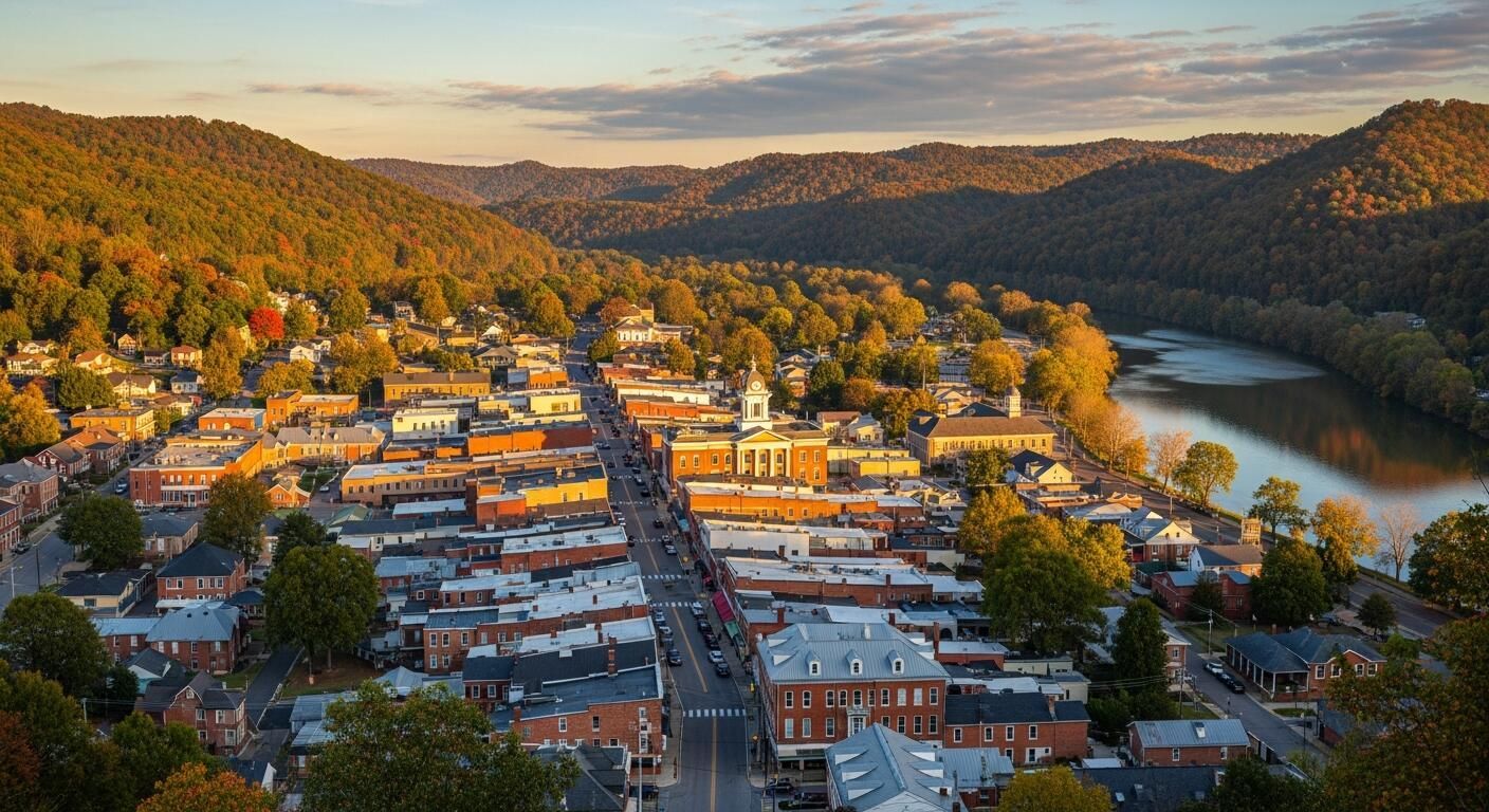 Aerial view of a riverside downtown at sunset in Rogersville, Tennessee, with autumn trees and hills surrounding buildings along the water.
