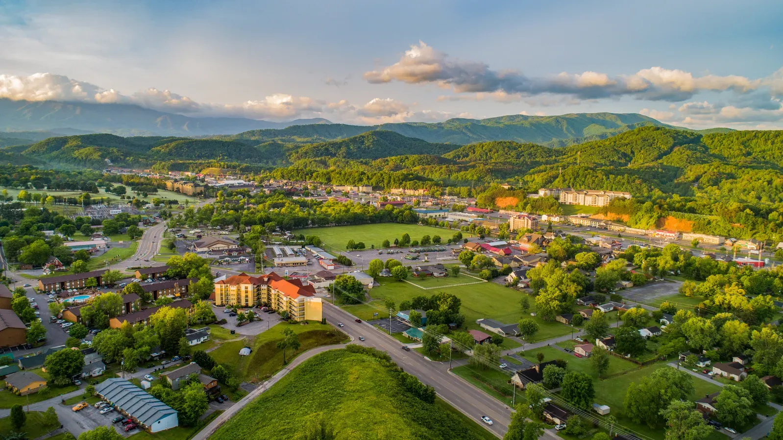 Aerial view of the strip in Sevierville, TN.