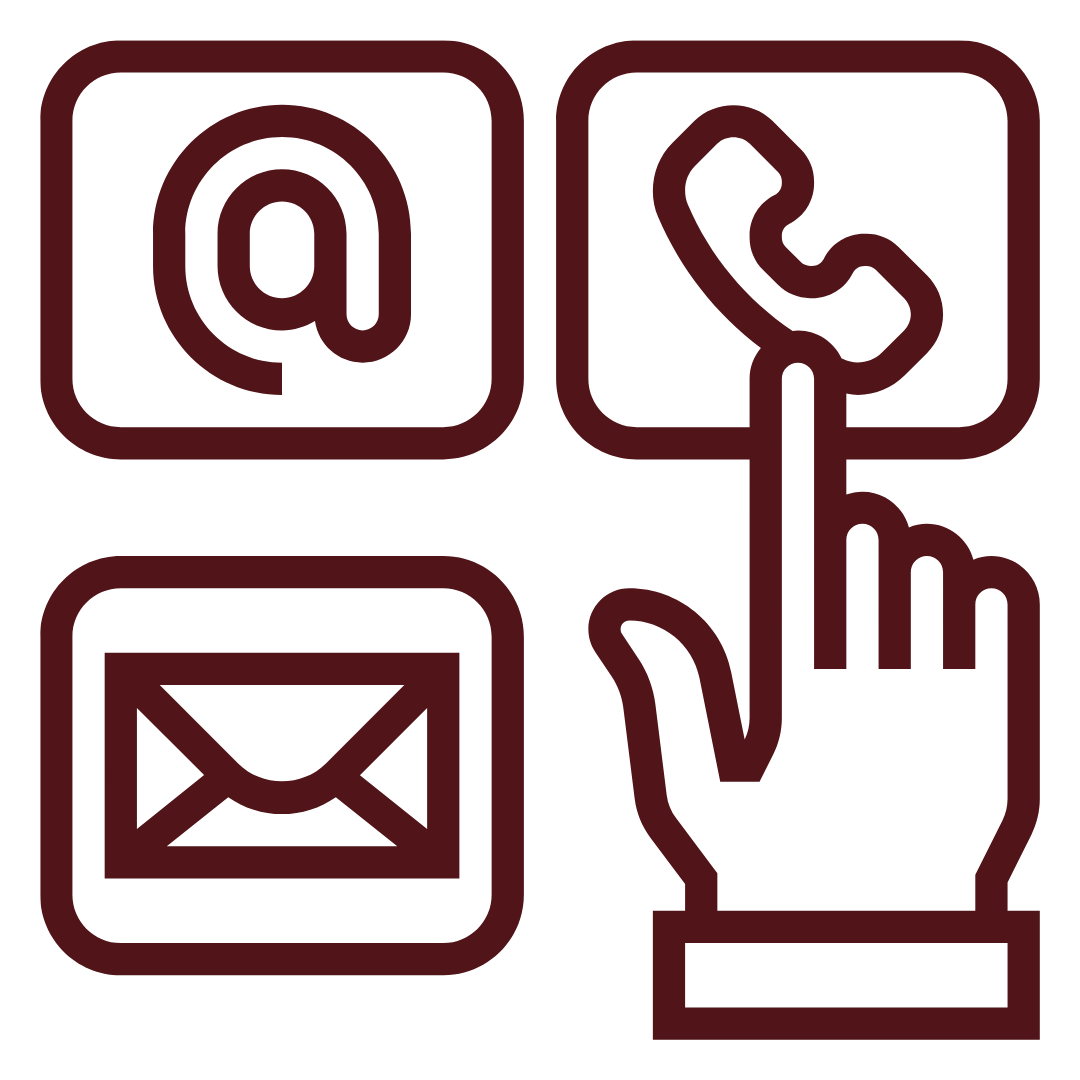 Contact us with your approval status. Maroon contact icons for email, phone, and message, with a hand tapping the phone button