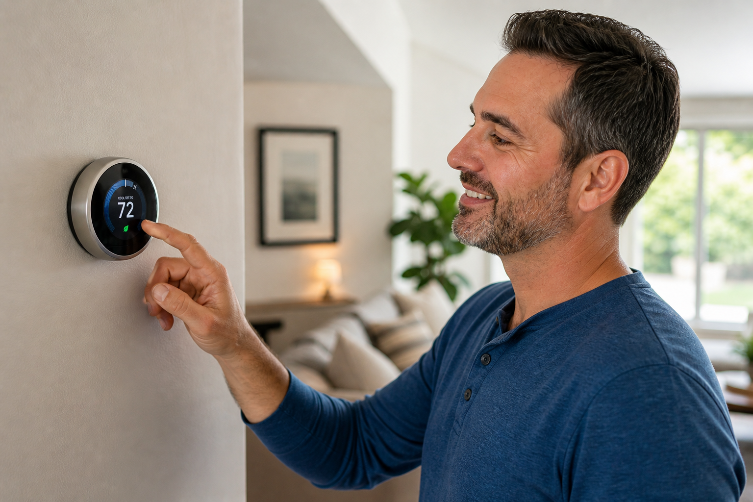 Man adjusting a smart thermostat on a wall in a bright living room