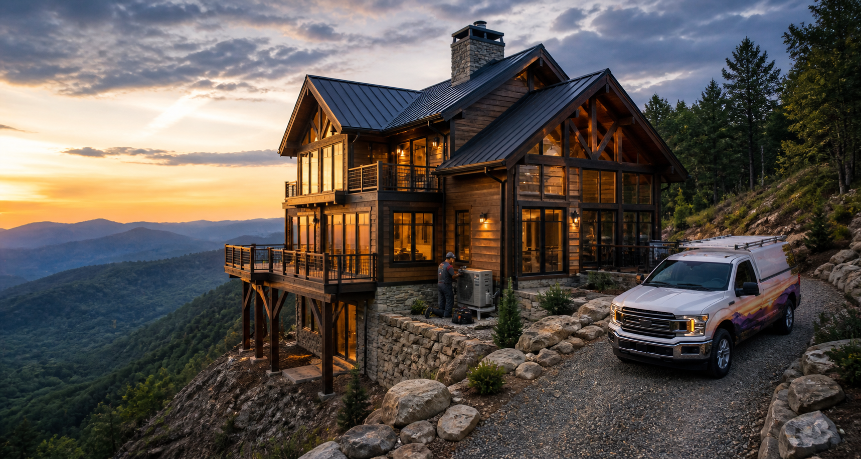 Mountain cabin at sunset on a cliffside with a parked SUV and sweeping valley views