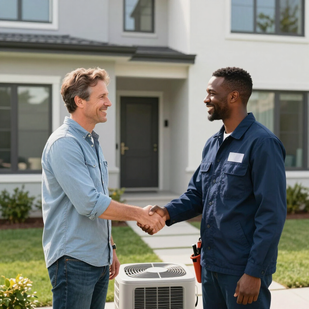 Two men shaking hands outside a house, with a window air conditioner on the ground.