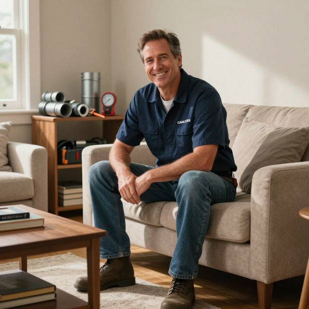 Man sitting on a beige sofa in a bright living room, smiling at the camera