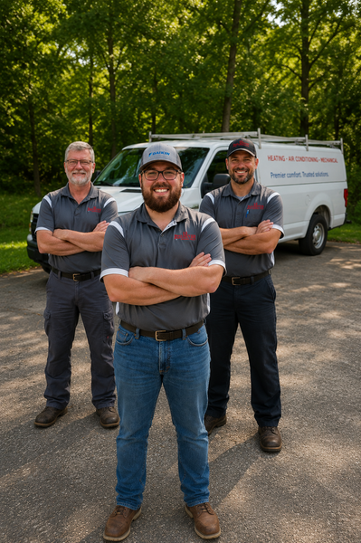Contact Us Three HVAC technicians in dark uniforms standing in front of a service van, smiling with arms crossed.