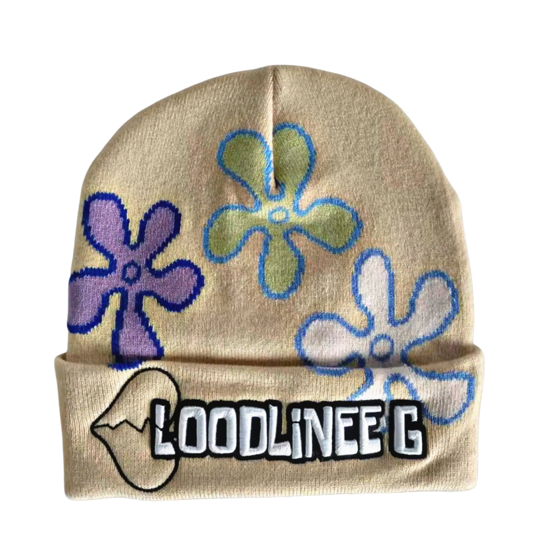 Beige beanie with purple, green, and blue flower patterns and a black-and-white logo patch.