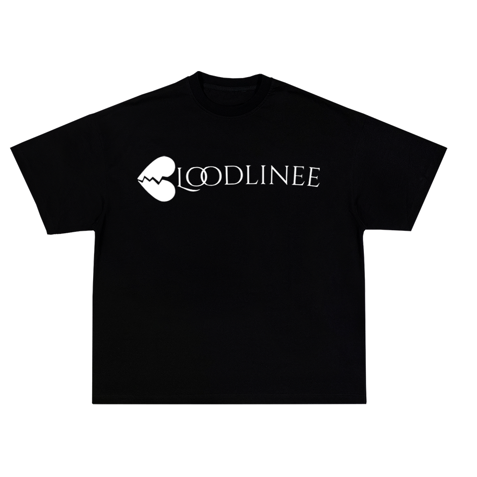 Black t-shirt with a white broken heart logo and