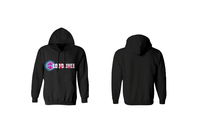 Black hoodie with a front graphic of a stylized design and the words "Good Vibes".