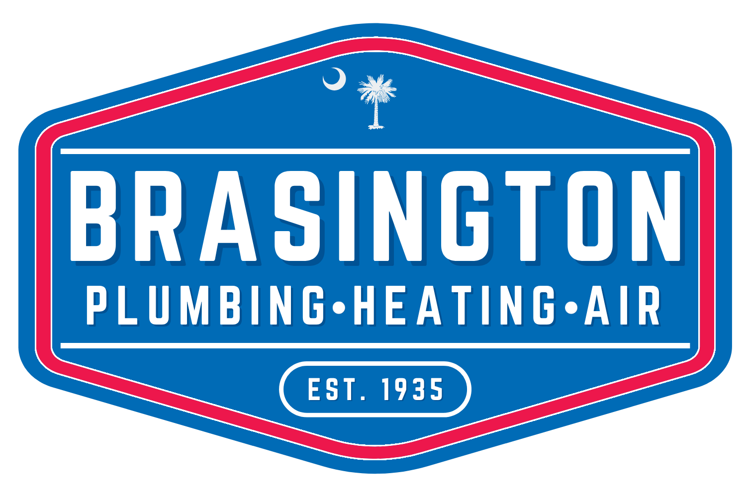 Brasington Plumbing, Heating, and Air logo with blue, red, and white accents, including the South Carolina state flag.
