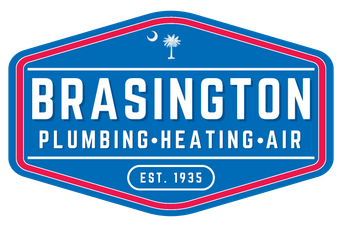 Brasington Plumbing, Heating, and Air logo with blue, red, and white accents, including the South Carolina state flag.