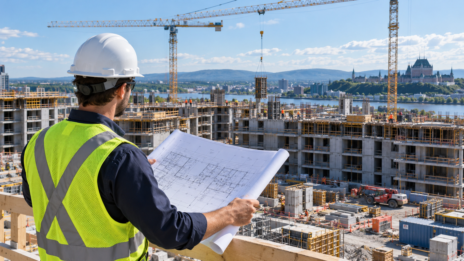 Grand chantier de construction avec grue et gestionnaire tenant des plans