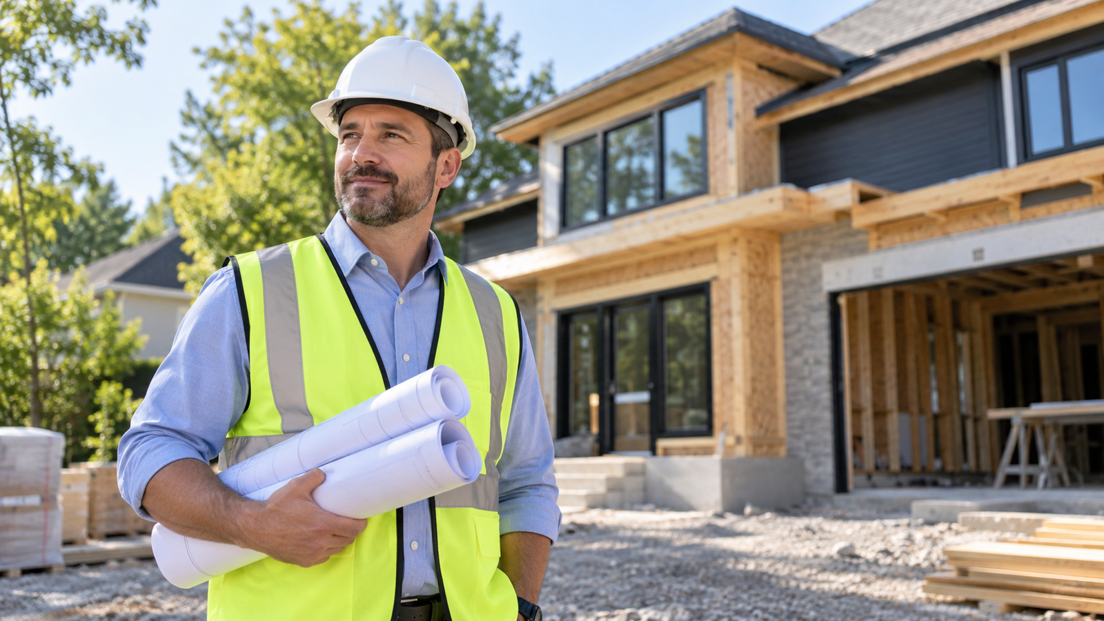 Gestionnaire d'expérience devant un chantier résidentiel québécois
