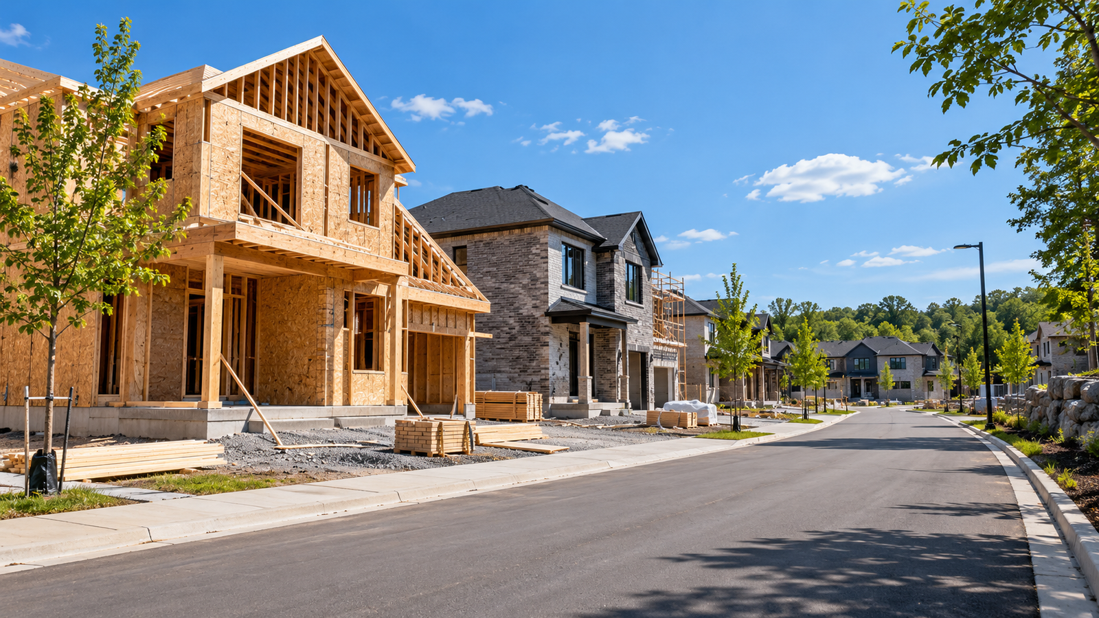 Rue d'un quartier résidentiel québécois en construction