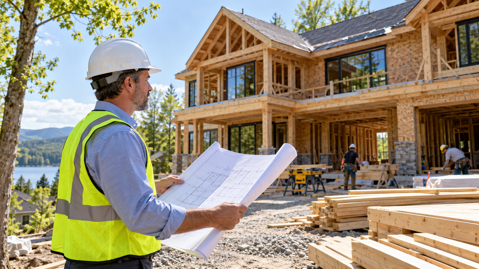 Gestionnaire avec un plan devant une grande résidence en construction