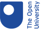 The logo for the open university is a blue shield with a white circle in the middle.