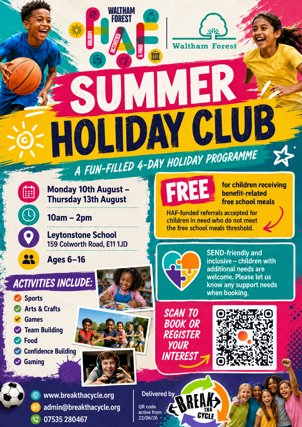 An advertisement for a holiday club for kids ages 7-16