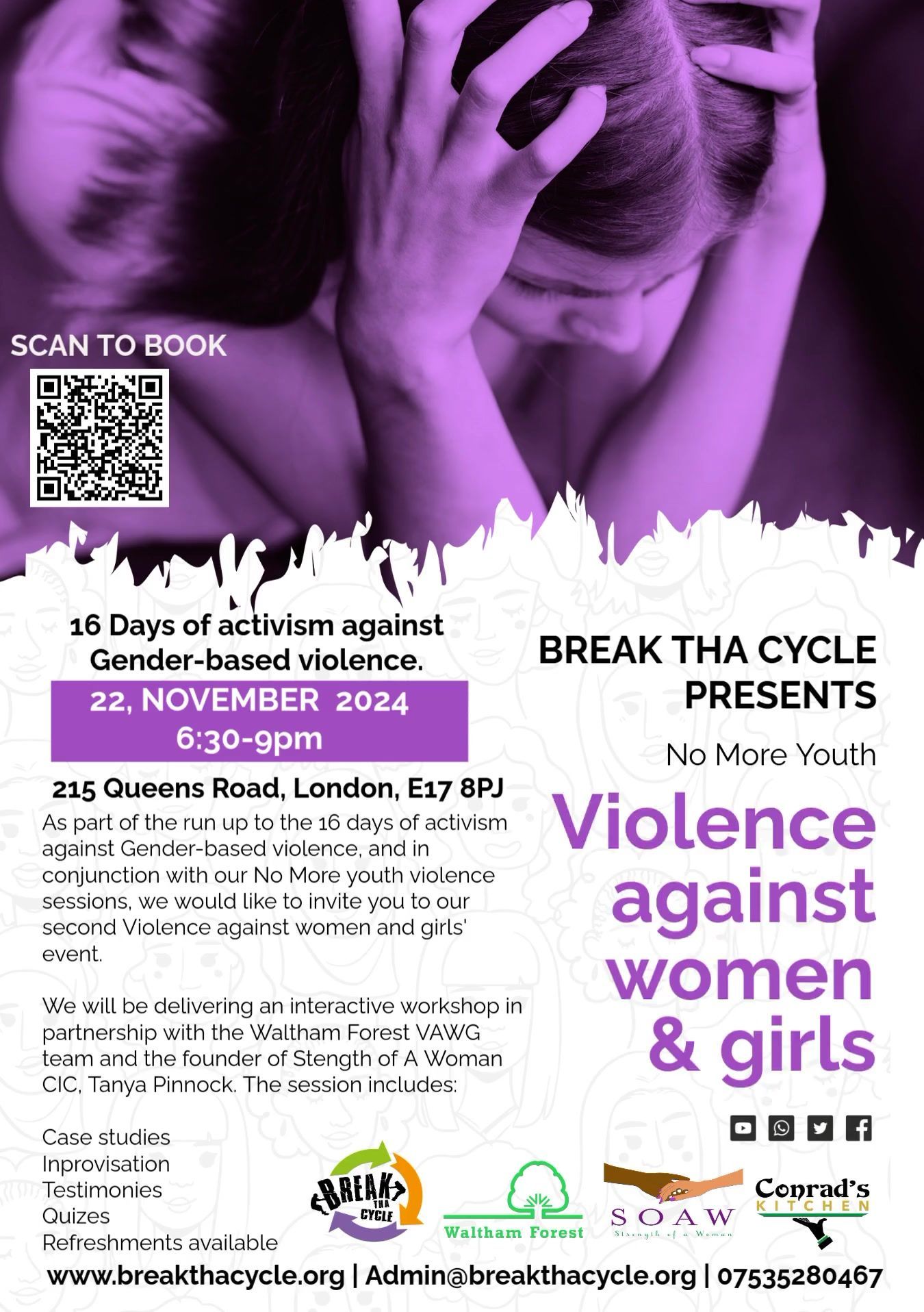 Poster: Purple theme. Woman with head in hands, text about violence against women & girls, 22 Nov 2024 event in London.