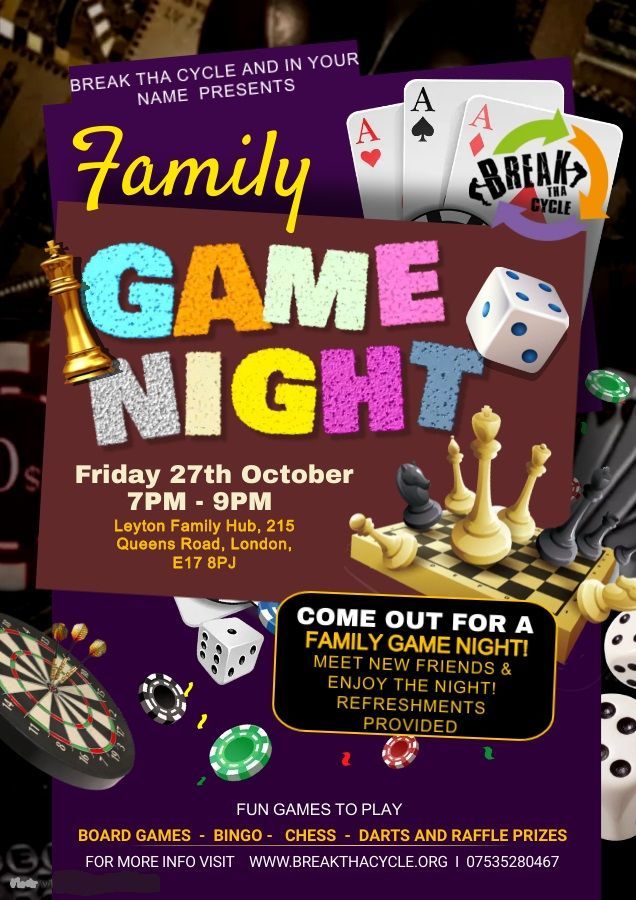 A poster for a family game night on friday 27th october