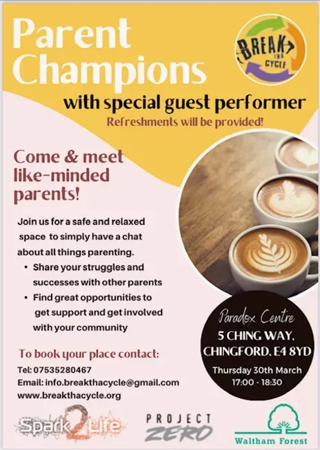 A flyer for parent champions with special guest performer